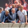 Gérard Collomb et Tony Parker lors de la pose de la première pierre de la Tony Parker Adéquat Academy à Lyon le 29 Juin 2018
